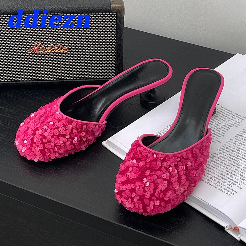 

Женские туфли без задника, розовые шлепанцы с круглым носком, на высоком каблуке, летняя обувь, 2023