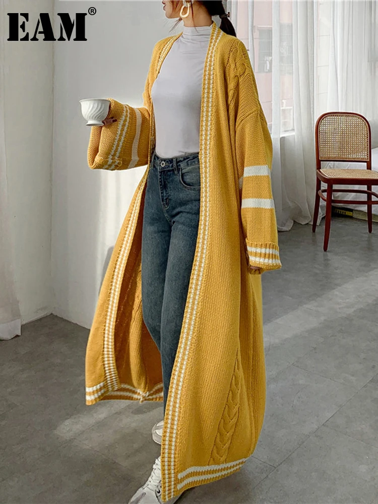 

[EAM] Yellow Big Size Knitting Cardigan Sweater Loose Fit V-Neck Long Sleeve Women New Fashion Tide Autumn Winter 2023 1Y164
