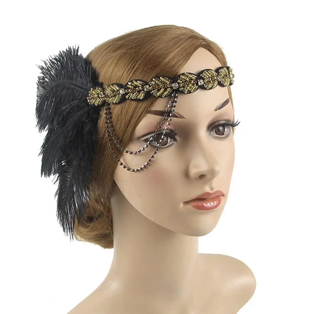 

Flapper Headband Artificial Peacock Feather Faux Crystal Headpiece Shining Rhinestones Bridal Headwear for Haloween