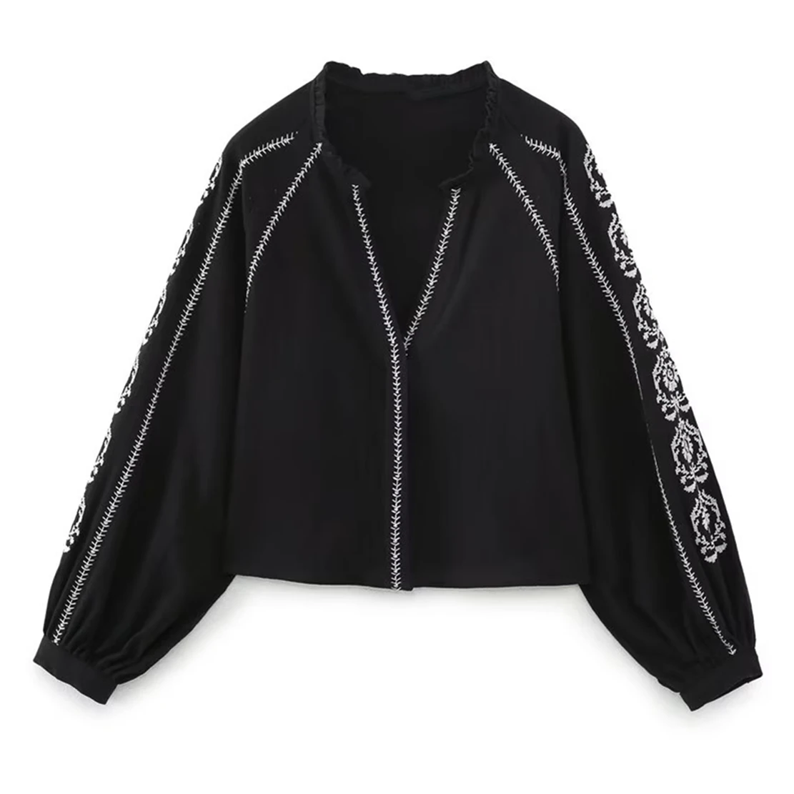 

Jenny&Dave Bohemian Style Vintage V-neck Loose Casual Shirt Cotton Embroideried Black Color Blouse Women Tops