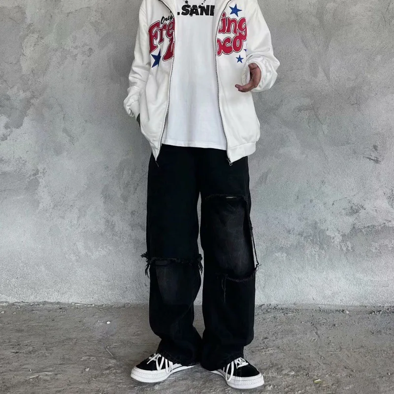 Men's Ripped jeans Darkness Wide Leg Denim Trousers Loose Straight Jeans American Street Style Man Jeans Pants Casual Baggy