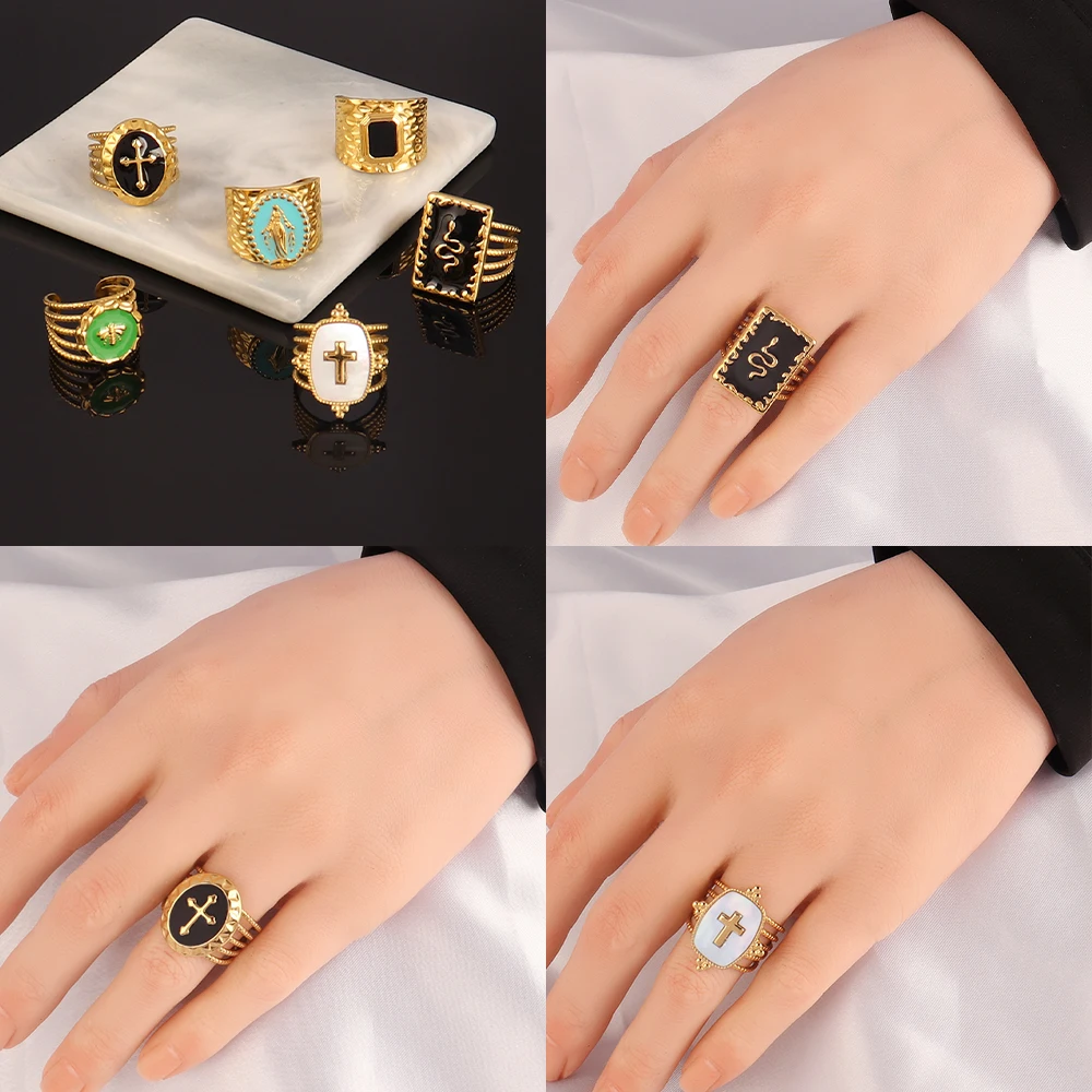 Vintage Stainless Steel Ring Gold Enamel Rings Geometry Colorful Chain Open For Women Jewelry Gift Wholesale |