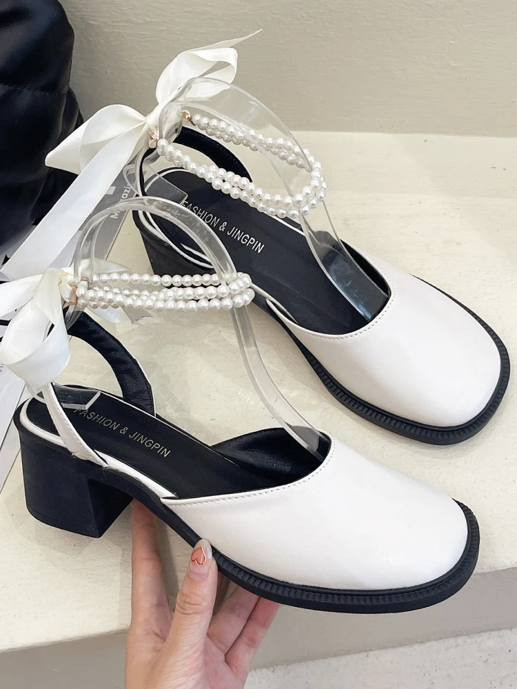 

2022 New Mary Janes Women Shoes Lolita High Heels Shoes Thick Pearl Summer Sandals Party Sexy Pumps Retro British Style Ladies
