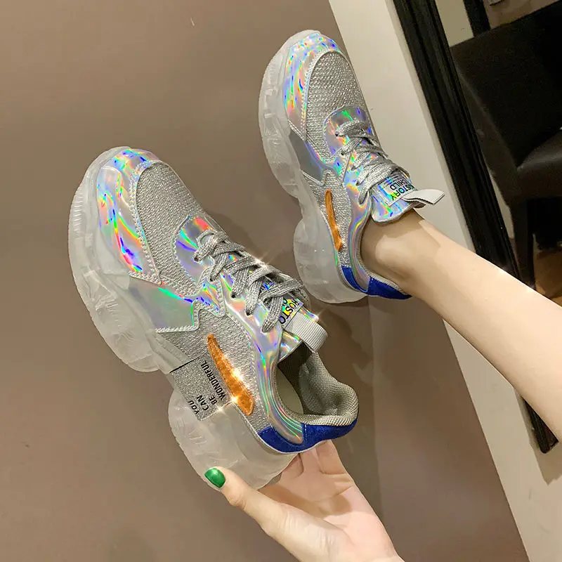 

Women Spring Summer Fashion New Laser Thick Sole Dad Shoes Multi Color Breathable Sneakers Comfortable Platform Shoes