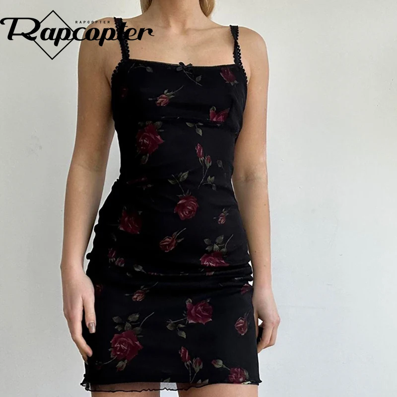 

Rapcopter Y2K Floral Sundress Women French Vintage Spaghetti Strap Sexy Mini Dress Night Bohemian Sexy Partywear Holiday Chic