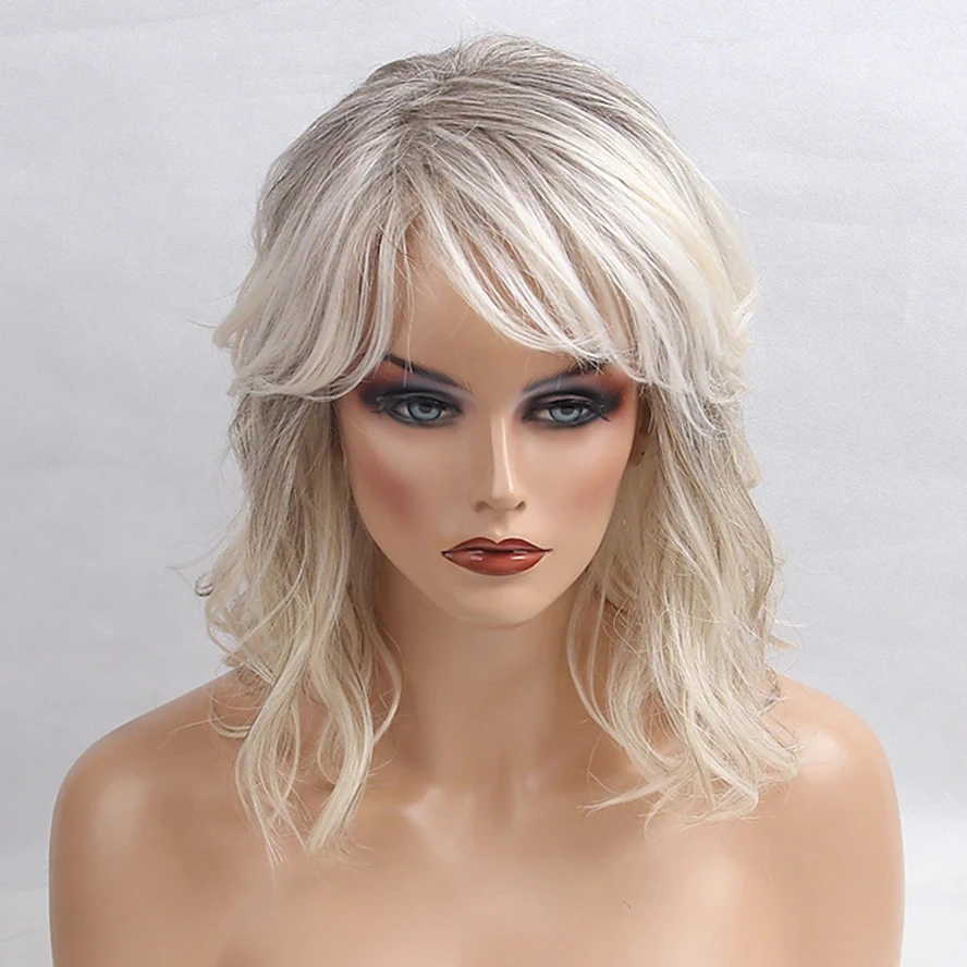 Black Grey Human Hair Blend Wig Medium Length Wavy Layered Haircut full wigs for women 14 inch