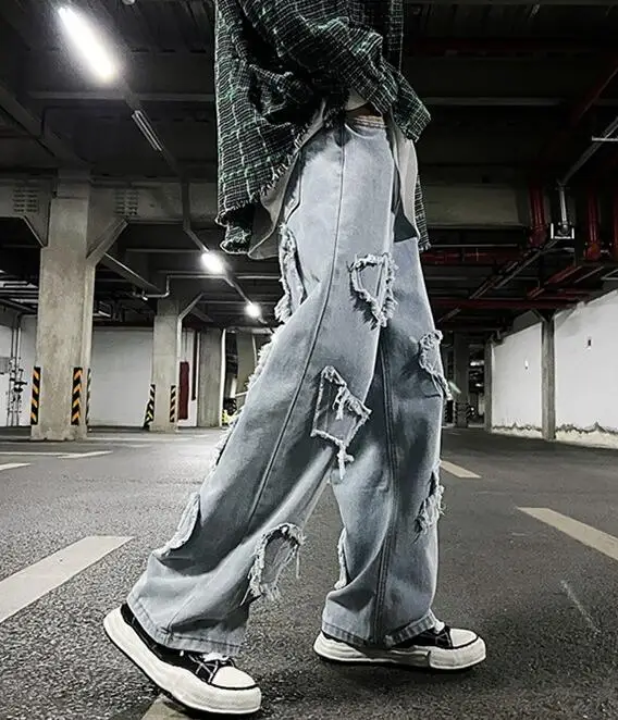 Men's Jeans Retro Big Hole Jeans Men's Loose Big Pocket Straight Pants