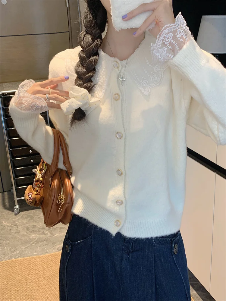 Утолщенный свитер с кружевной строчкой кардиган верхняя одежда женская