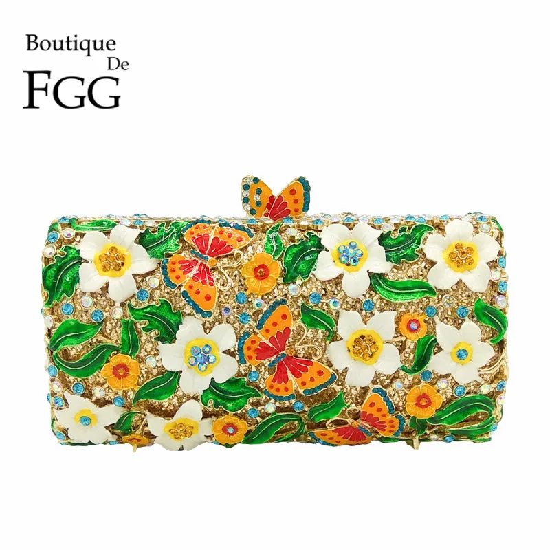 Boutique De FGG Multicoloured Flowers & Butterfly Women Crystal Clutch Evening Bag Diamond Minaudiere Handbag Wedding Purse
