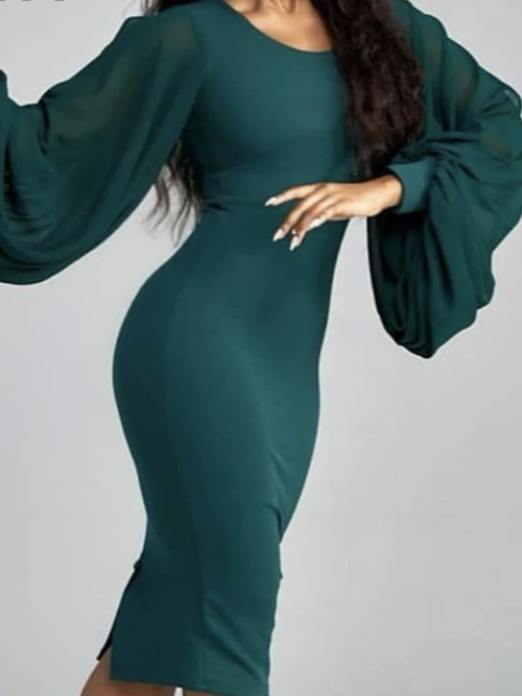 

Bodycon Dresses Women Lantern Sleeve Green Knee Length Slim fit Sexy Party Celebrate Fashion Office Lady Robe Large Size 2022