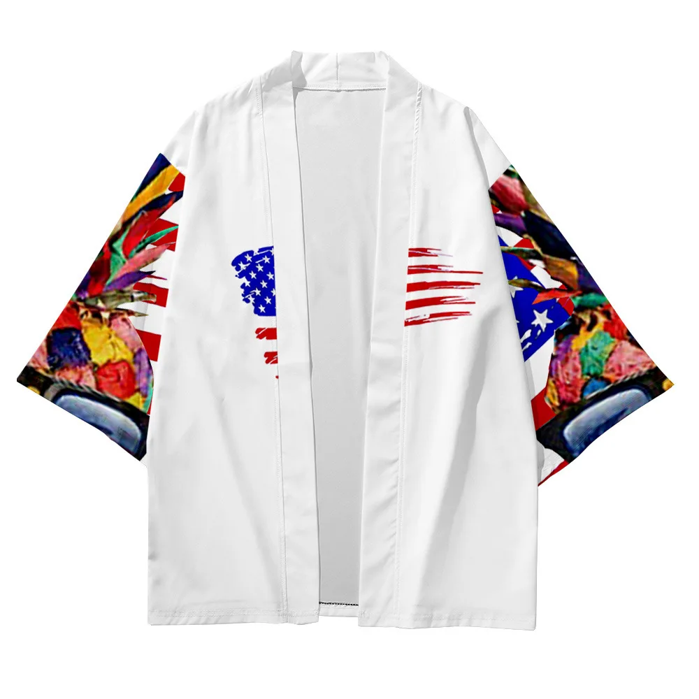 

Кимоно в японском стиле мужское с принтом, белый кардиган, Повседневная тонкая одежда для защиты от солнца, уличная одежда в стиле Харадзюку...