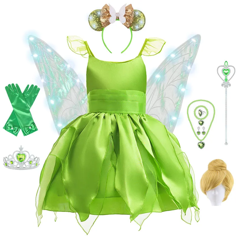 

Tinker Bell Dress with LED Princess Girl Dress Kids Green Fairy Costume Butterfly Glowing Wings Set Christmas Party Clothes
