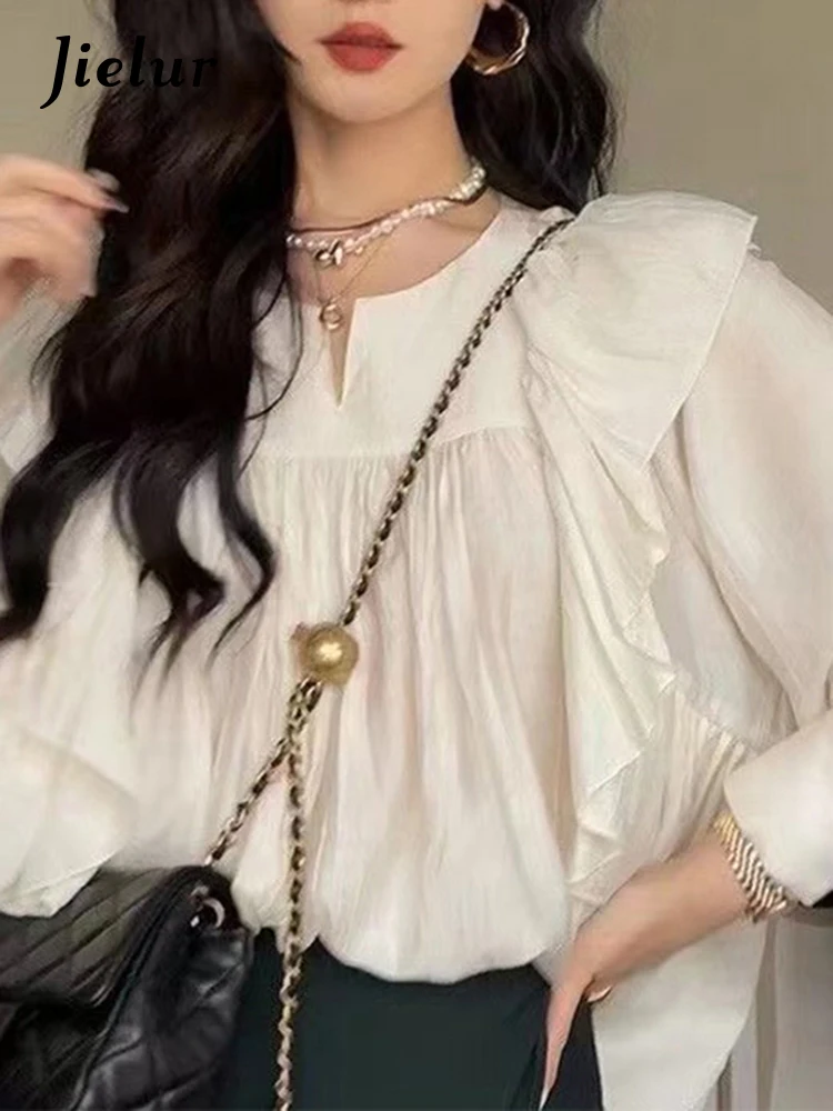 Jielur летний белый рукав фонаря женщины блузки французский стиль Ruffles Solid Color