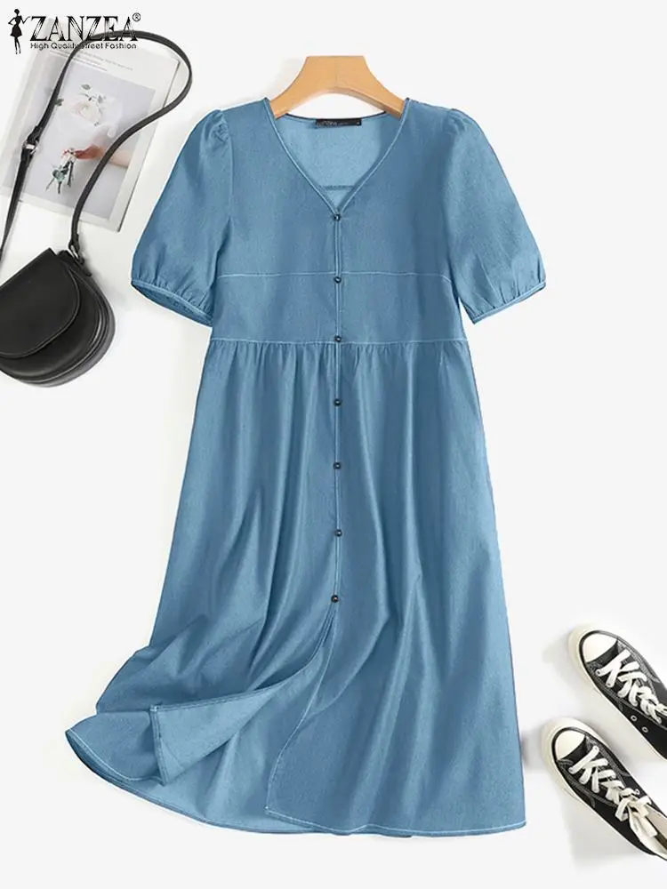 

Oversized Women Midi Dress 2023 Summer Short Sleeve Loose Sundress ZANZEA Casual Solid V Neck Baggy Robe Femme Holiday Vestidos