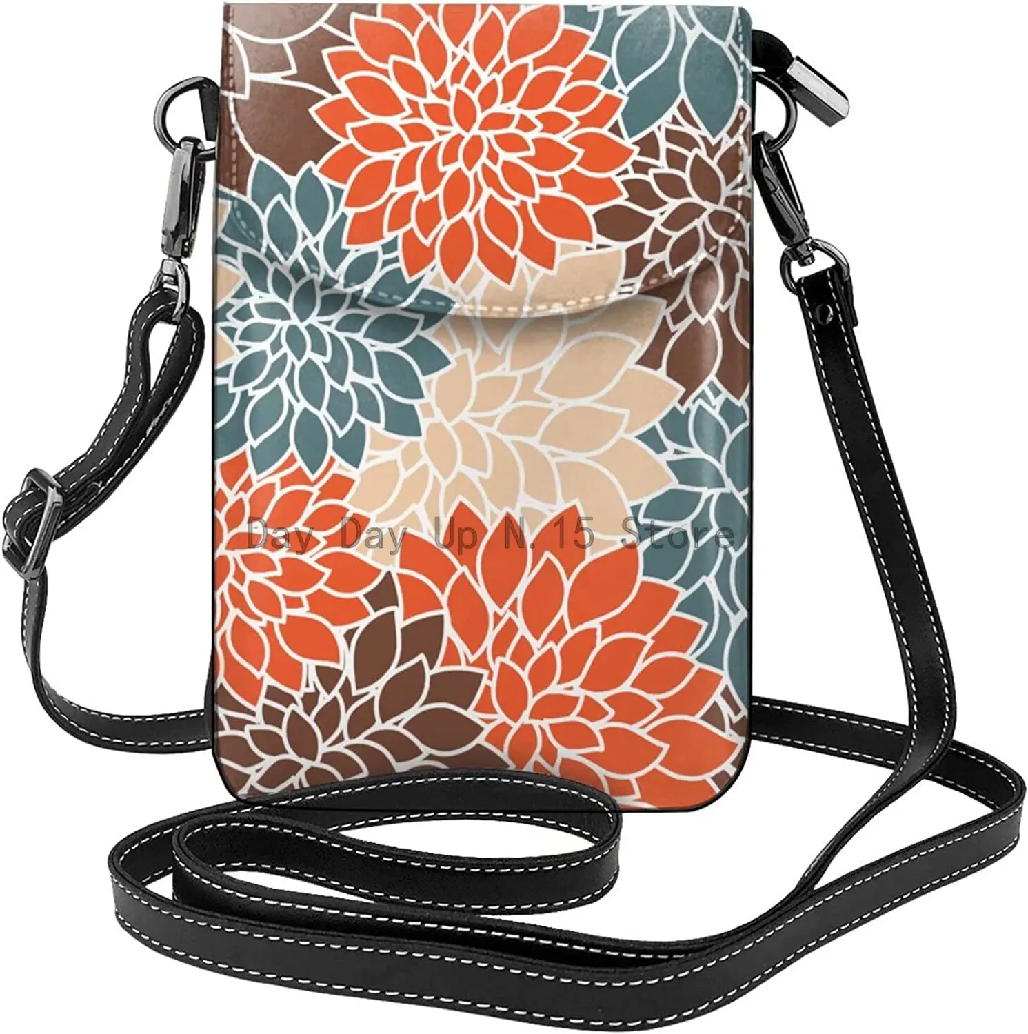 

Retro Dahlia Flower Orange Brown Crossbody Cell Phone Purse Shoulder Bag purse Small crossbody wallet PU Women Crossbody bag