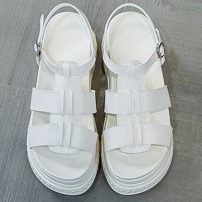 Breathable Material 7cm Platform Microfiber Women Sandals Roman Casual Increase Height Fashion Buckle Summer Wedges Chunky Shoes