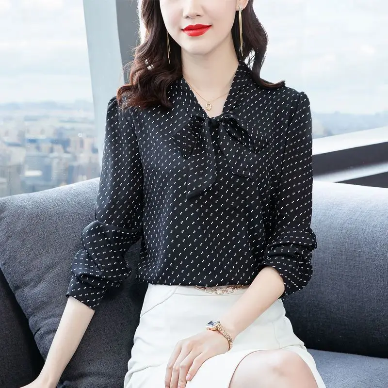 

Printing Pullovers V-neck Long Sleeve Polka Dot Women's Clothing New Loose Spring Summer Thin Casual Blouses Temperament Lacing