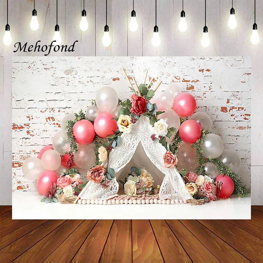 

Mehofond Photography Background Camp Tent Boho Floral White Brick Wall Girl Birthday Party Portrait Decor Backdrop Photo Studio