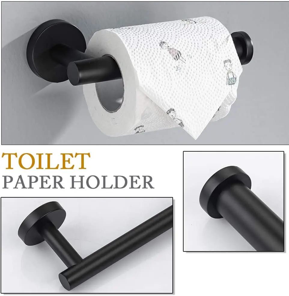 

Matte Black Stainless Steel 4PC Include Hand Towel Ring Toilet Paper Holder and 2Robe Towel Hooks Bathroom Wall Mounted Fixtures