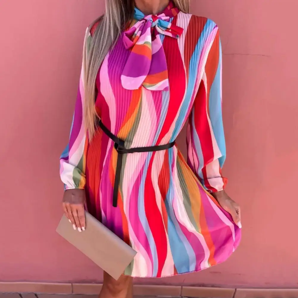 

Элегантное Длинное Платье с круглым вырезом и бантом на шнуровке, весеннее повседневное Плиссированное пляжное платье с длинным рукавом, л...