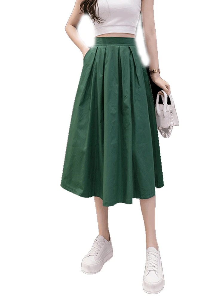 

Hepburn Style Work Clothes Skirt Woman Summer Fashion Women's Casual Empire Waist Pockets A Line Skirts Black/Green/White/Khaki