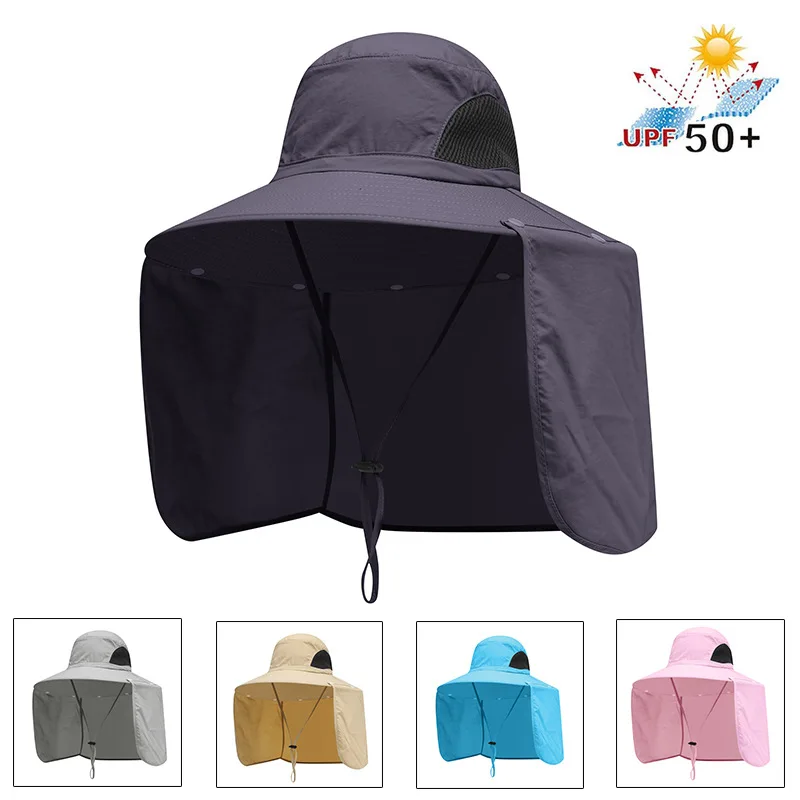 Upf50+ Sun Hats For Women Detachable Neck Flap Waterproof Fishing Cap Mens Hiking Outdoor Bucket Hat Wide Brim Chin Strap Boonie