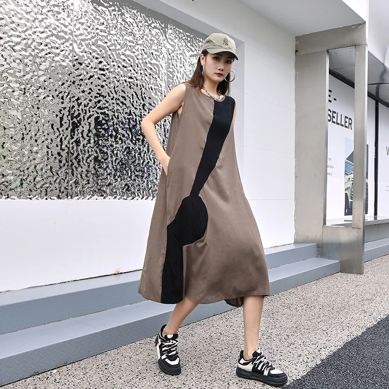 

Sleeveless A-line Vest Skirt Women 2023 Summer Contrast Color Dress