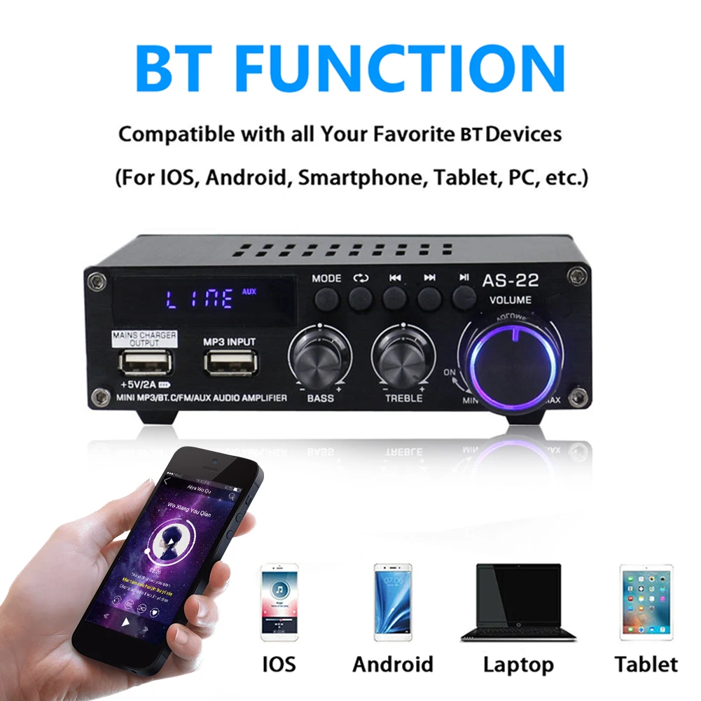 

30Wx2 DC12V HiFi Digital Amplifier Subwoofer HiFi Stereo Amplifier Receiver MP3 FM Radio Bluetooth-compatible 5.0 for Home Car