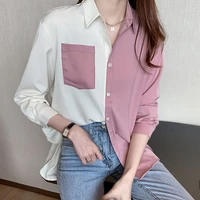 causal solid color patchwork blouses fashion trend thin chiffon turn down collar shirt tops spring autumn elegant women clothing
