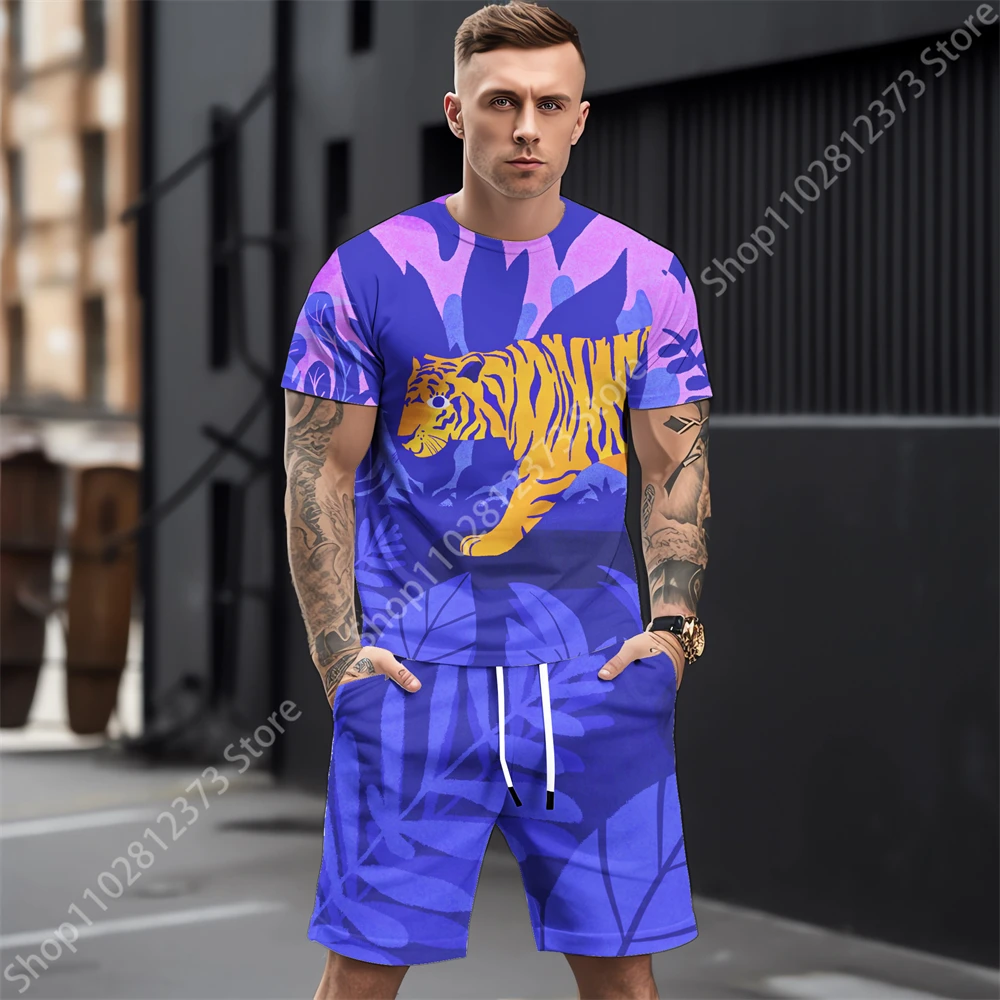 2023 Summer New Man Tracksuit Set Men Casual Short Sleeve T Shirts Two Piece Sets Fashion 3D Tiger Printing Sports Men Clothing