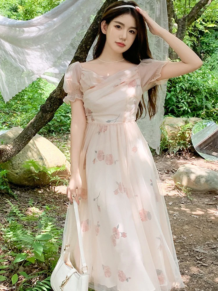 

French Elegant Women Evening Dress Mesh Sweet Fairy Sweet Floral Sexy V-Neck Slim Maxi Party Vacation Robe Femme Mujer Vestidos