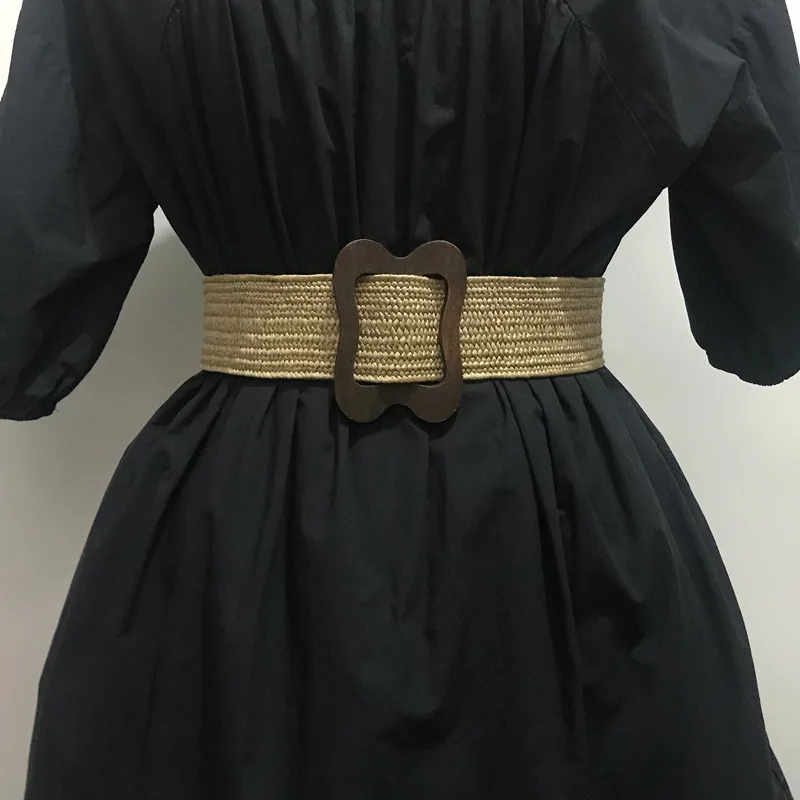 Retro Wide Woman Belts for Dress Elastic Stretch Waist Seal Wood Buckle Braided Woven Waist Rope Girls Ladies Corset Belt