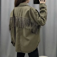 vintage fringe beaded loose denim jacket coat women 2021 fashion tassel long sleeve frayed trim ladies outerwear chaqueta mujer
