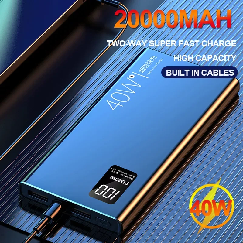 

NEW2023 20000 mAh Fast Charging Power Bank Portable Digital Display External Battery Built in Cables For iPhone 13 12