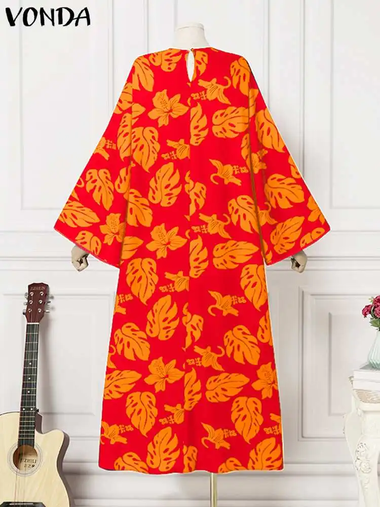 Plus Size 5XL Summer Sexy Flare Sleeve Maxi Dress 2023 VONDA Women Bohemian Casual O Neck Printed Long Sleeve Party Sundress