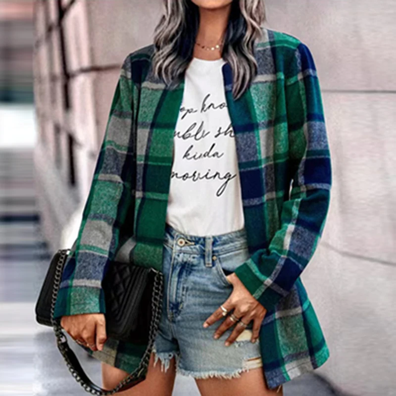

Women 2022 Autumn Plaid Print Woolen Jacket Cardigan Retro Elegant Notched Collar Office Top Overcoat Winter Long Sleeve Outwear