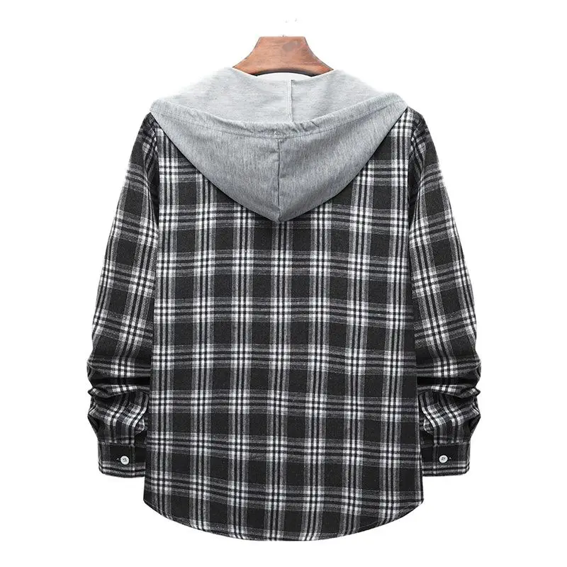 Parklees Casual Hooded Plaid Shirts for Men 2023 Brand New Long Sleeve Cotton Tops High Quality Drawstring Checked Shirt Jacket