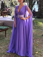 2021 autumn fashion deep v neck purple chiffon full length cocktail dresses ladies high waist a line elegant evening party gowns