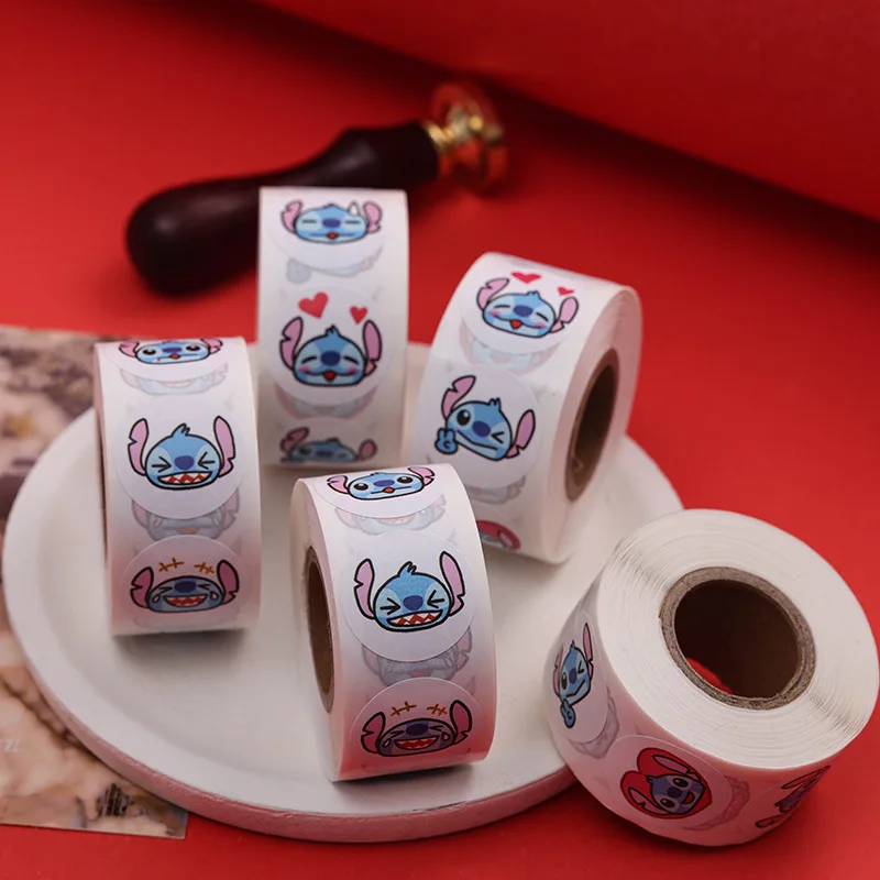 

Disney Lilo & Stitch Kawaii Anime Figure Circular Sealer 500PCS Roll Self-adhesive Label Stitch Reward Ledger Decorative Sticker
