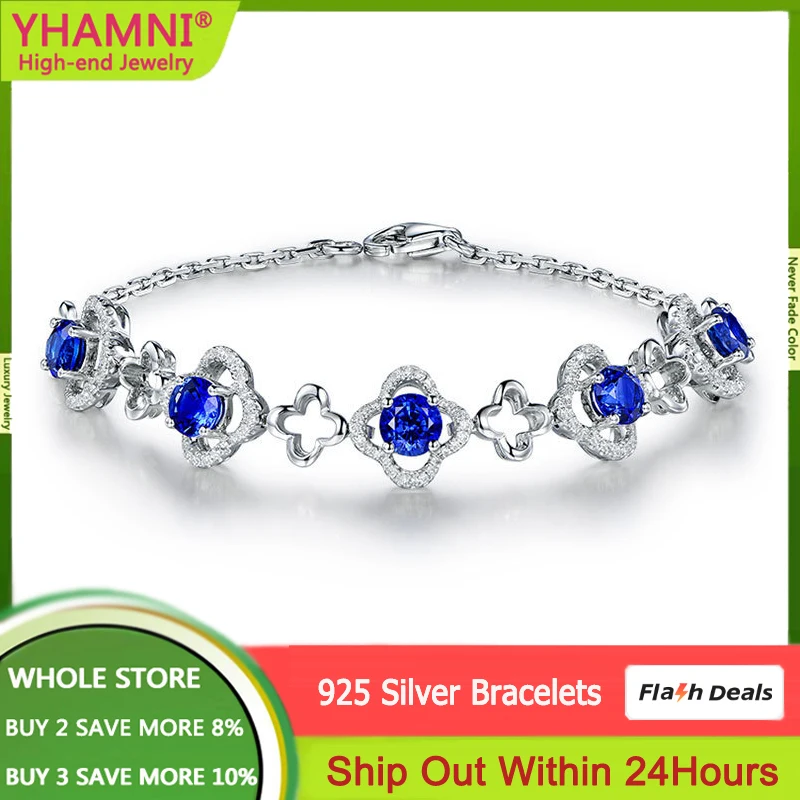 

YHAMNI Vintage 100% Real 925 Silver Four-Leaf Clover Lab Sapphire Gemstone Stud Earrings for Women Cocktail Party Fine Jewelry