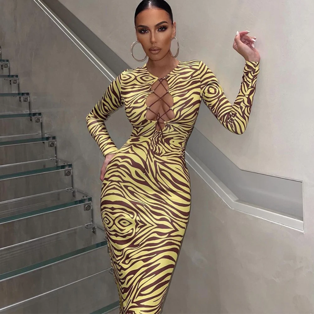 

Leopard Print Long Sleeve Maxi Slim Bodycon Drawstring Bandage Sexy Dress 2021 Women Streetwear Party Festival Dresses Outfits