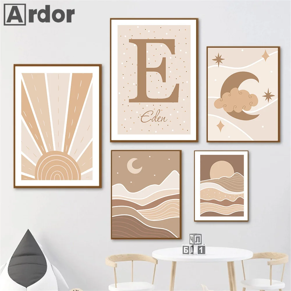 

Custom Name Poster Boho Mountain Sun Moon Star Landscape Mid Century Canvas Painting Wall Art Prints Pictures Kids Room Decor