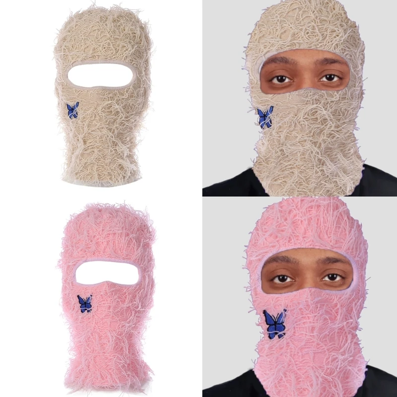

Handmade Balaclava Neck Protect Hat with Embroidery Butterfly Pattern Winter Knit Hat Winter Presents for Students Teens
