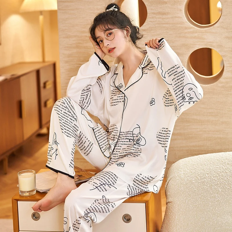 

2022 Spring Autumn Long Sleeve Silk Satin Pajama Sets for Women Korean Print Sleepwear Suit Pyjama Homewear Pijama Mujer Clothes