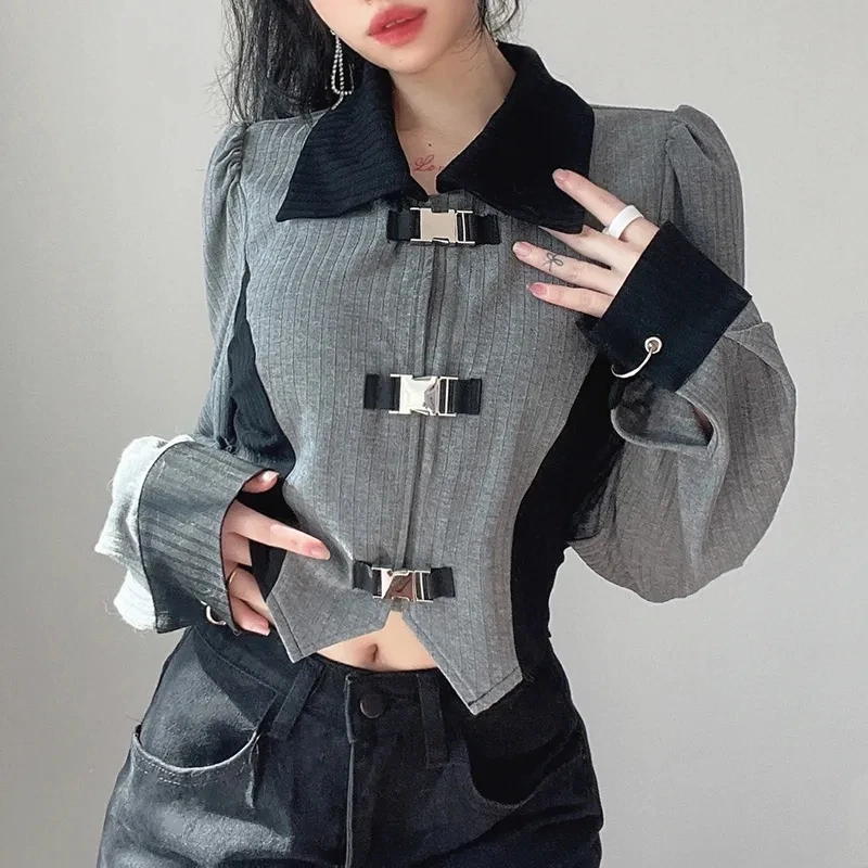 

Chic Woman Blouse Long Sleeve T-Shirts Crop Top Metal Buckle Tunic Color Blocking Korean Style Star Polo Tops For Teens Spring