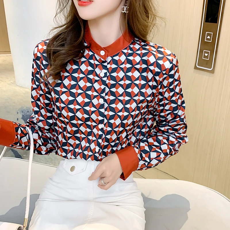 

summer New Women's Blouse Stitching Printing Long Sleeve Top Chiffon Casual Fashion Loose O Collar Shirt