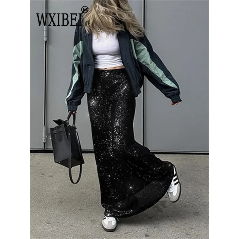 

WXIBEI Sequin Female Sexy Maxi Skirt Summer Fashion Glitter High Waist Loose Elegant Long Skirt Sparkle Women's Long Skirt FC817