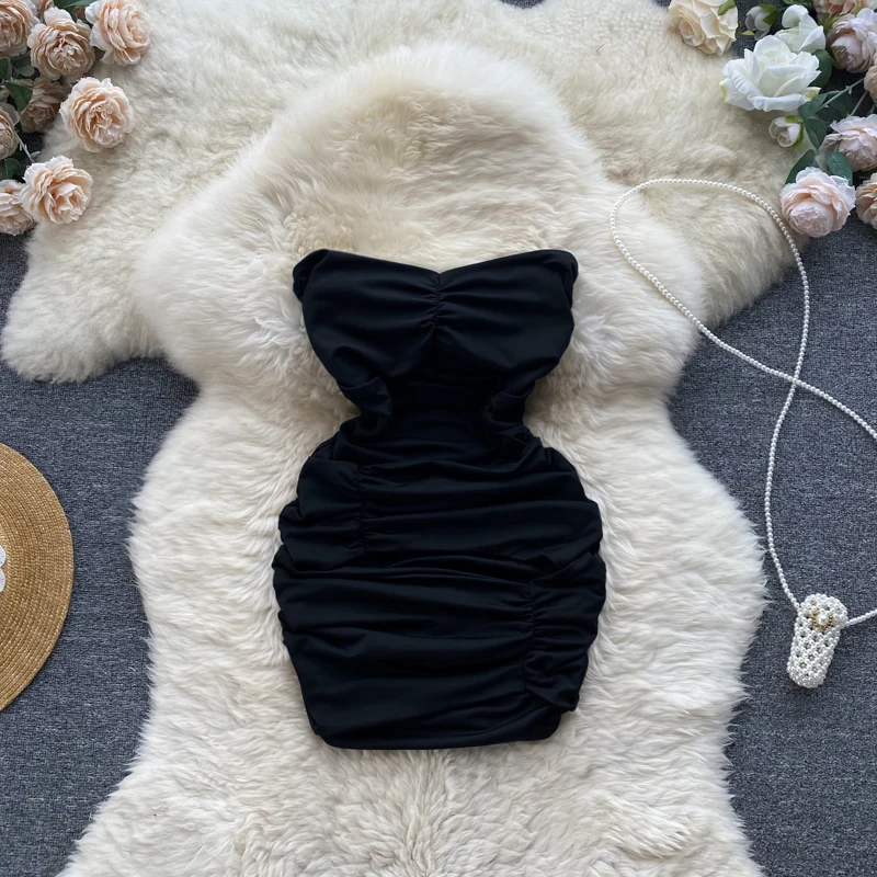 

Chic Black Sexy Dress Folds Hip Wrapped Dresses Strapless Chiffon Empire Chest Wrapping Vestidos Bodycon Clothes Dropshipping