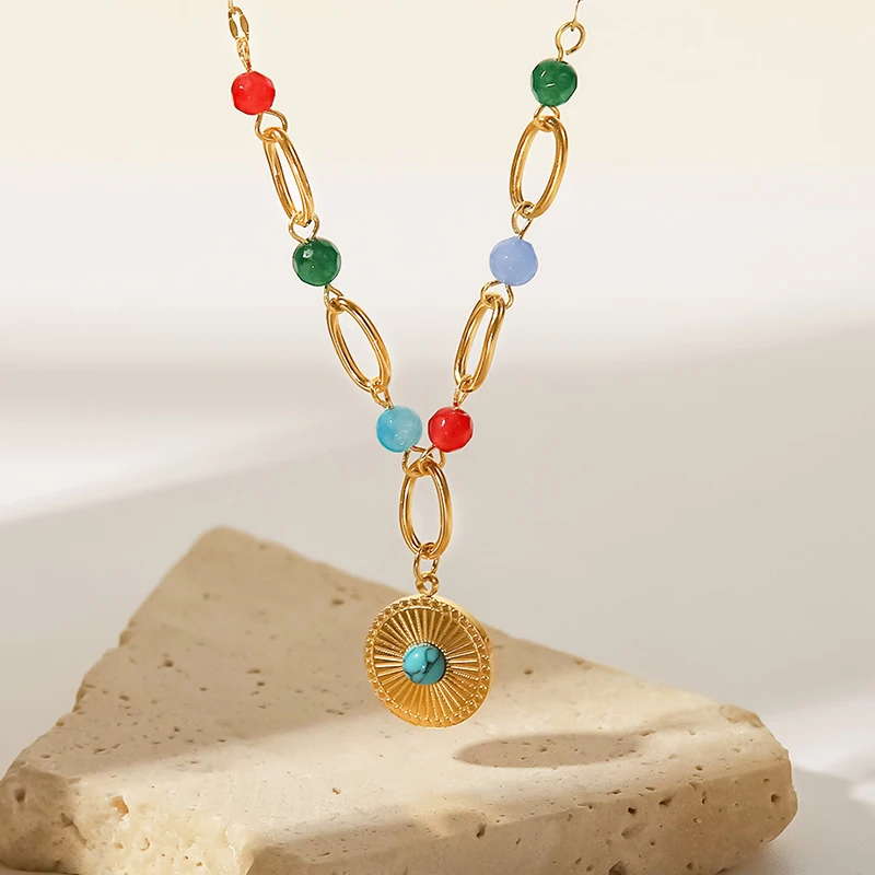 

Round Disc Necklaces Pendant Stainless Steel Gold Color Chain Necklaces Turquoise Natural Stone Pendant Bohemian Vintage Jewelry