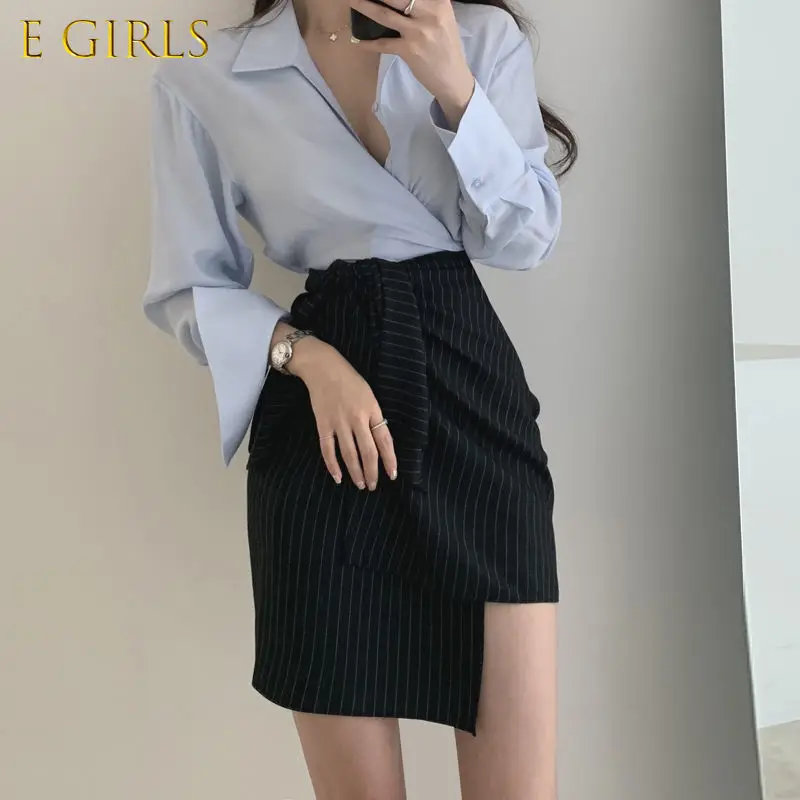 E GIRLS 2 Piece Sets Women Outfits All-match Korean Style Summer Leisure Popular Simple Design Shirt Asymmetrical Skirt Slim